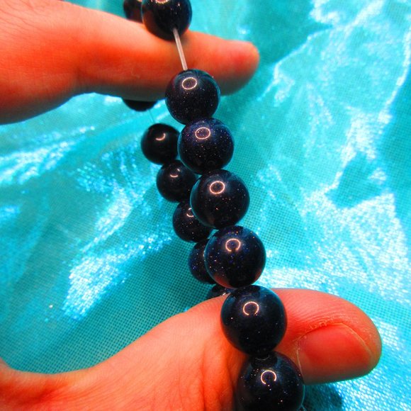 Blue Goldstone 10mm Round 7" Stretchy Gemstone Bracelet - Picture 3 of 3